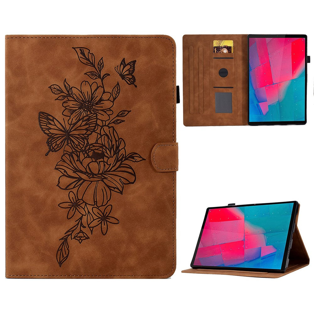 For Lenovo Tab M10 Plus TB-X606F Butterfly Flower Pattern Imprinted PU Leather Folio Case Stitching Line Card Holder Stand Smart Tablet Cover - Brown