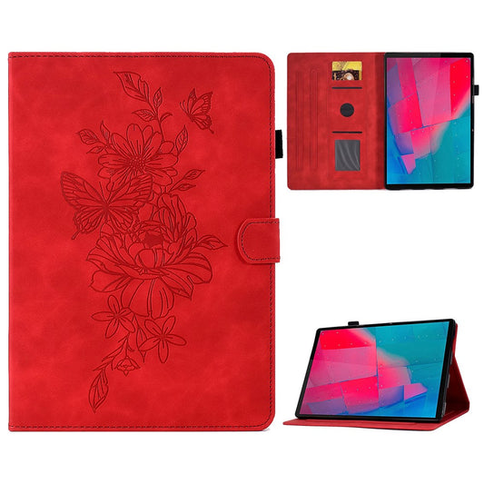 For Lenovo Tab M10 Plus TB-X606F Butterfly Flower Pattern Imprinted PU Leather Folio Case Stitching Line Card Holder Stand Smart Tablet Cover - Red