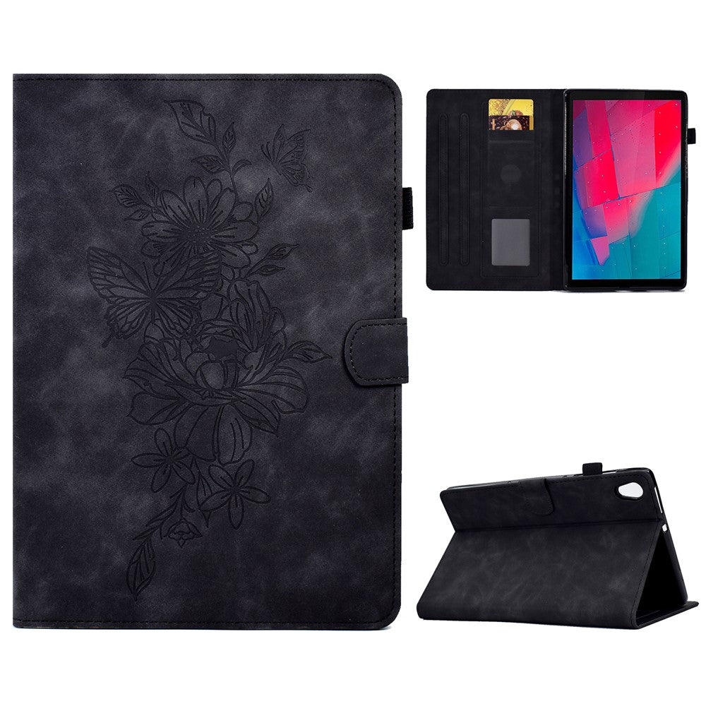 For Lenovo Tab M10 HD Gen 2 (X306X) Drop-proof PU Leather Tablet Case Stand with Card Slots Butterfly Flower Pattern Imprinted Auto Sleep / Wake Cover - Black