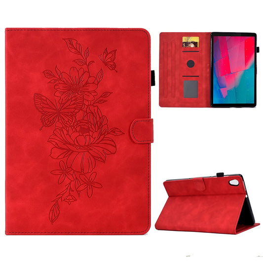 For Lenovo Tab M10 HD Gen 2 (X306X) Drop-proof PU Leather Tablet Case Stand with Card Slots Butterfly Flower Pattern Imprinted Auto Sleep / Wake Cover - Red