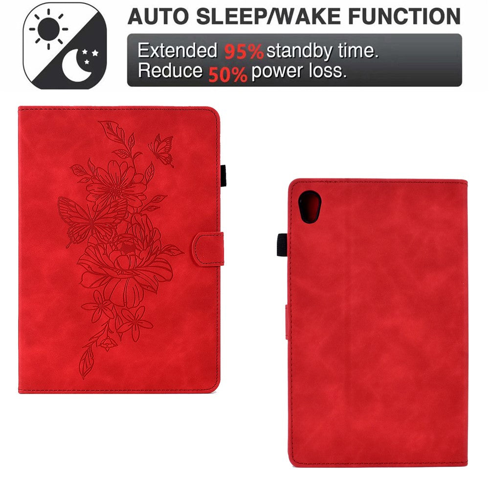 For Lenovo Tab M10 HD Gen 2 (X306X) Drop-proof PU Leather Tablet Case Stand with Card Slots Butterfly Flower Pattern Imprinted Auto Sleep / Wake Cover - Red