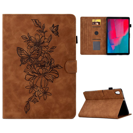 For Lenovo Tab M10 HD Gen 2 (X306X) Drop-proof PU Leather Tablet Case Stand with Card Slots Butterfly Flower Pattern Imprinted Auto Sleep / Wake Cover - Brown