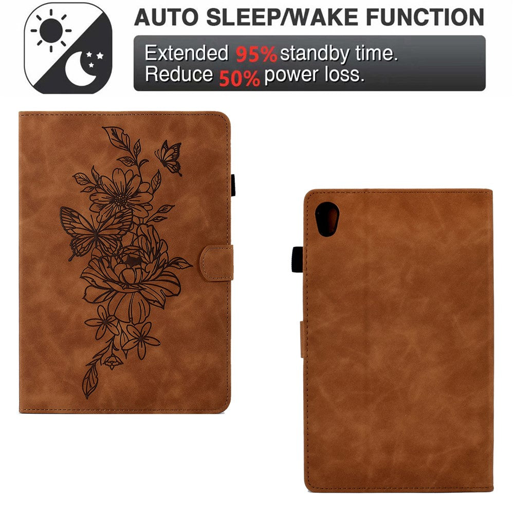 For Lenovo Tab M10 HD Gen 2 (X306X) Drop-proof PU Leather Tablet Case Stand with Card Slots Butterfly Flower Pattern Imprinted Auto Sleep / Wake Cover - Brown