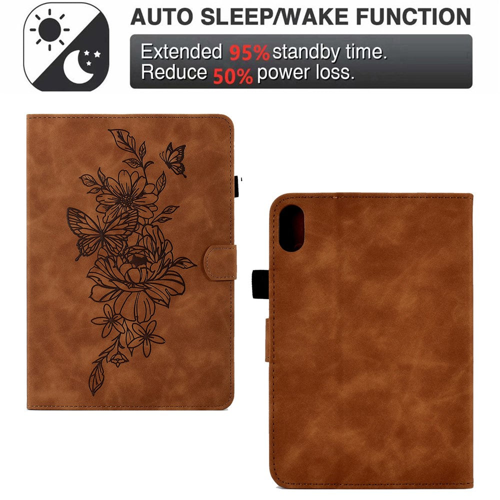 For Lenovo Tab P11 / J606F Butterfly Flower Pattern Imprinted PU Leather Stitching Line  Smart Tablet Cover with Card Holder Stand Shockproof Case - Brown