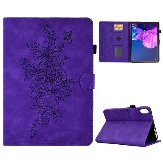 For Lenovo Tab P11 / J606F Butterfly Flower Pattern Imprinted PU Leather Stitching Line  Smart Tablet Cover with Card Holder Stand Shockproof Case - Purple