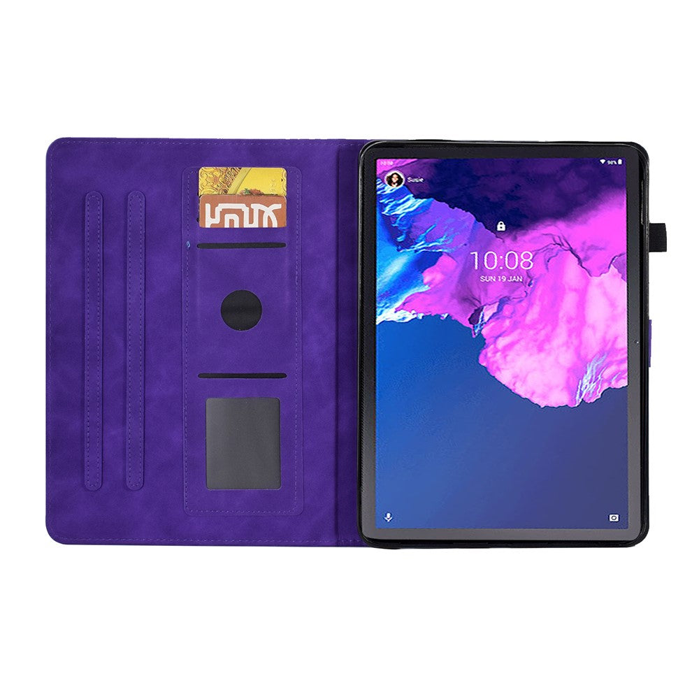 For Lenovo Tab P11 / J606F Butterfly Flower Pattern Imprinted PU Leather Stitching Line  Smart Tablet Cover with Card Holder Stand Shockproof Case - Purple