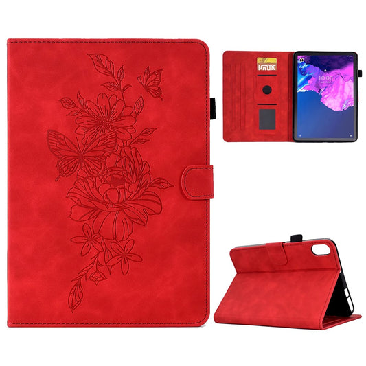 For Lenovo Tab P11 / J606F Butterfly Flower Pattern Imprinted PU Leather Stitching Line  Smart Tablet Cover with Card Holder Stand Shockproof Case - Red