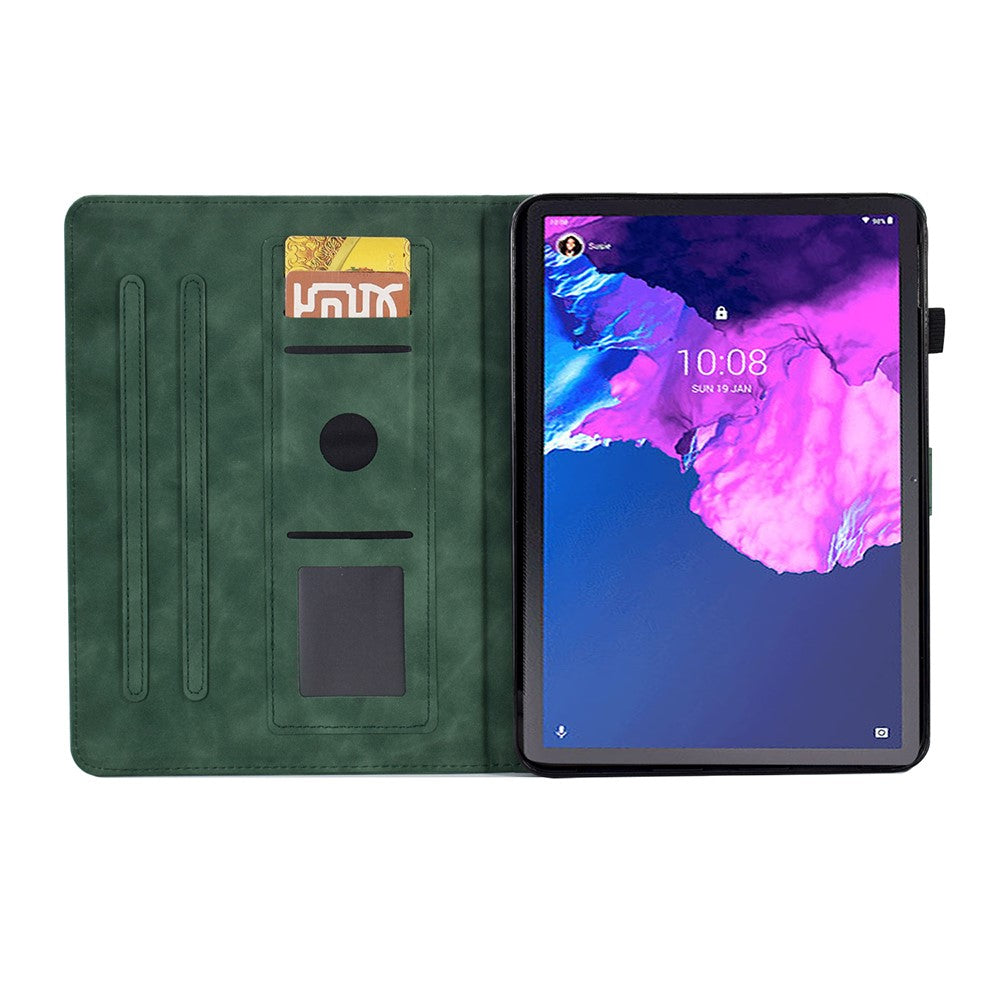 For Lenovo Tab P11 / J606F Butterfly Flower Pattern Imprinted PU Leather Stitching Line  Smart Tablet Cover with Card Holder Stand Shockproof Case - Green