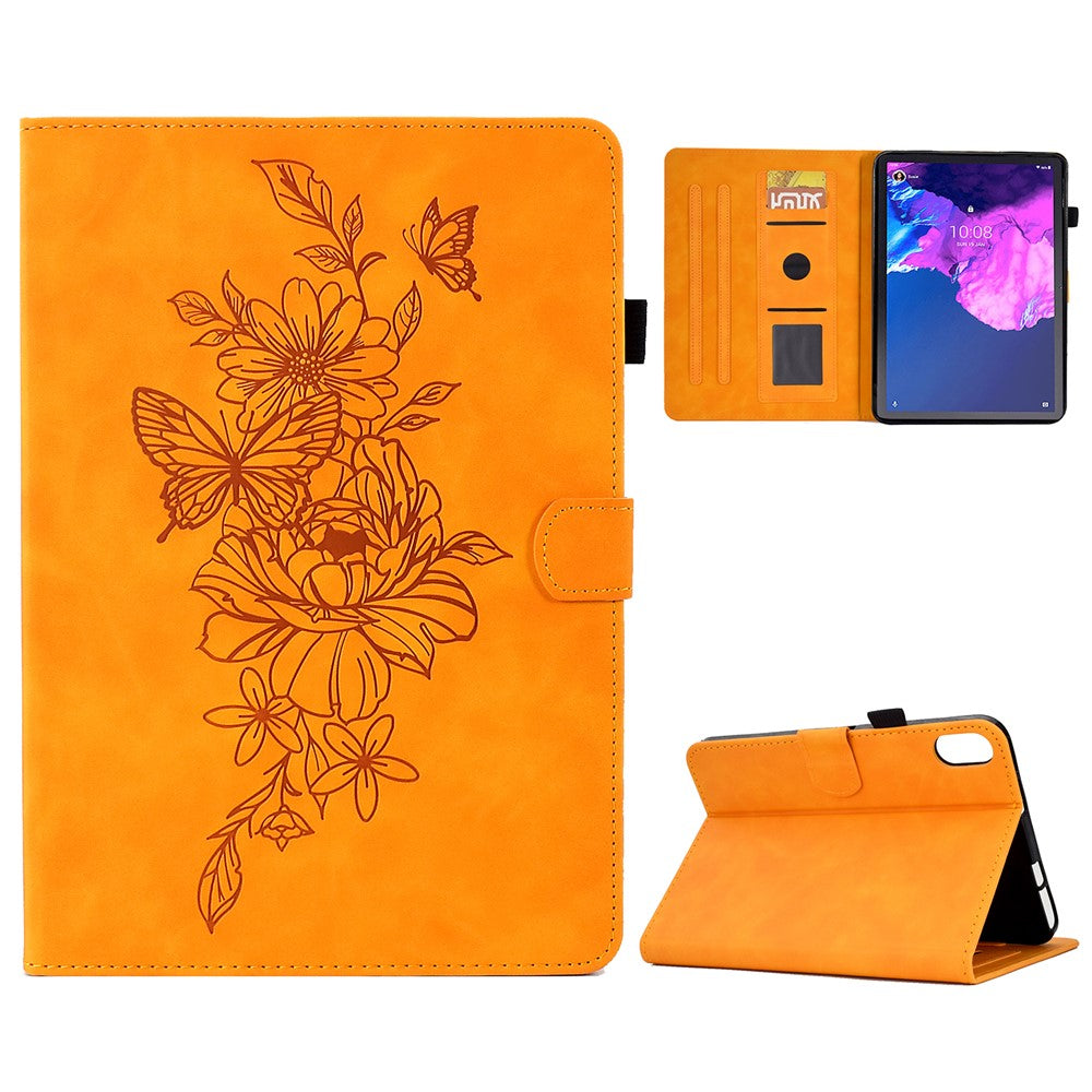 For Lenovo Tab P11 / J606F Butterfly Flower Pattern Imprinted PU Leather Stitching Line  Smart Tablet Cover with Card Holder Stand Shockproof Case - Khaki