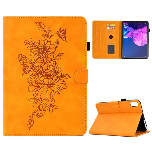 For Lenovo Tab P11 / J606F Butterfly Flower Pattern Imprinted PU Leather Stitching Line  Smart Tablet Cover with Card Holder Stand Shockproof Case - Khaki