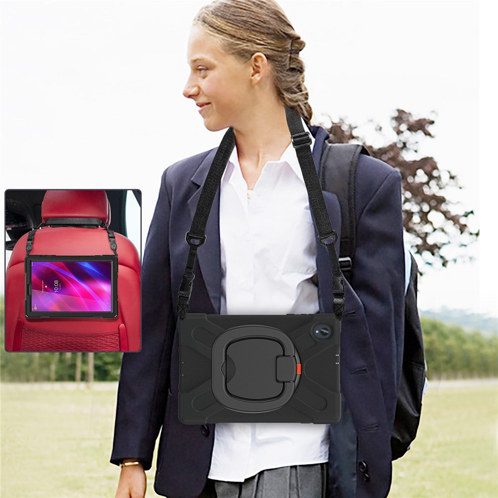 For Lenovo Tab M10 Plus 10.3 inch X606F / 606X / K10 PC+Silicone Tablet Case Rotary Kickstand Anti-drop Protective Cover with Shoulder Strap - Black