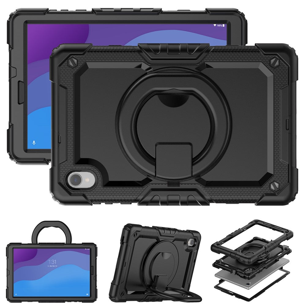 For Lenovo Tab M10 HD Gen 2 TB-306X(F) 10.1 inch Tablet Case 360-Degree Rotating Kickstand PC + Silicone Protective Cover with Shoulder Strap - Black