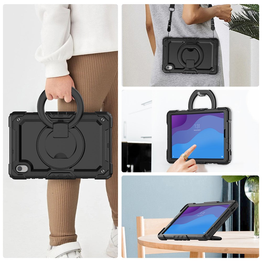 For Lenovo Tab M10 HD Gen 2 TB-306X(F) 10.1 inch Tablet Case 360-Degree Rotating Kickstand PC + Silicone Protective Cover with Shoulder Strap - Black