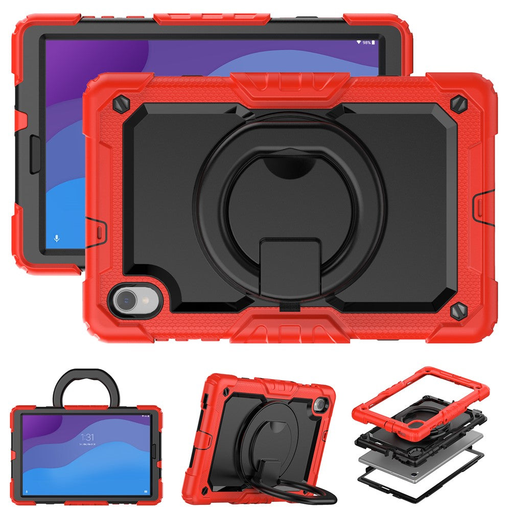 For Lenovo Tab M10 HD Gen 2 TB-306X(F) 10.1 inch Tablet Case 360-Degree Rotating Kickstand PC + Silicone Protective Cover with Shoulder Strap - Red