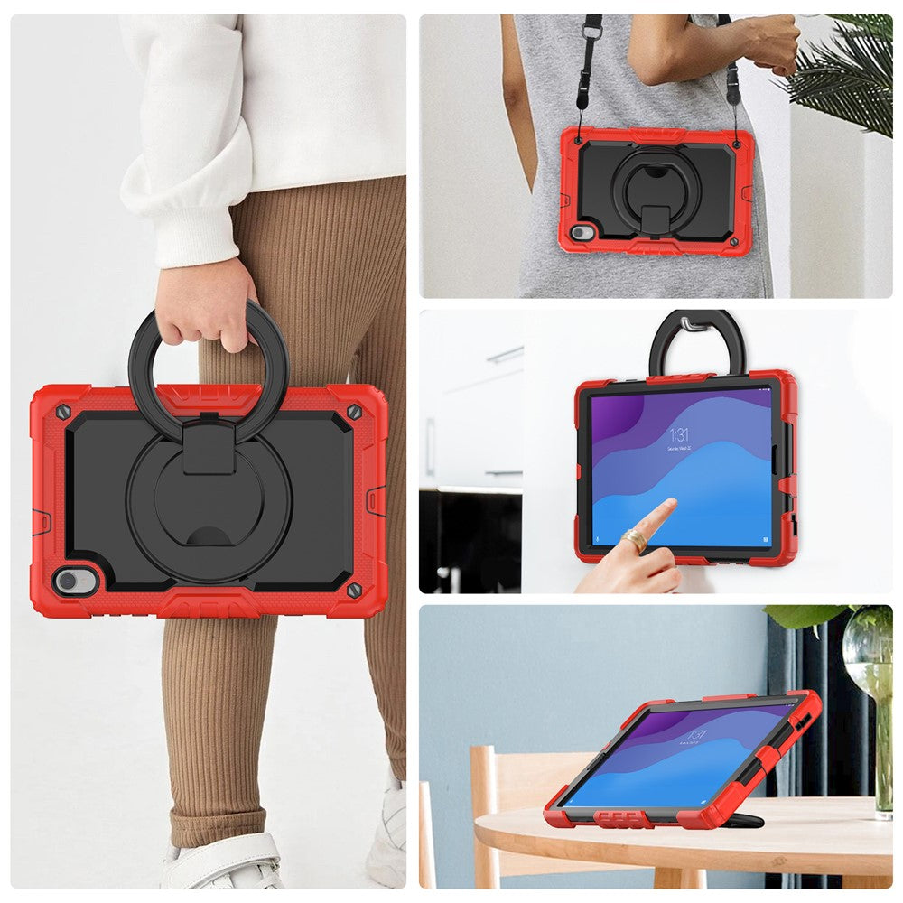 For Lenovo Tab M10 HD Gen 2 TB-306X(F) 10.1 inch Tablet Case 360-Degree Rotating Kickstand PC + Silicone Protective Cover with Shoulder Strap - Red