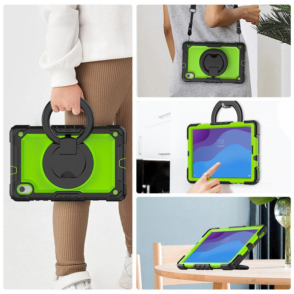 For Lenovo Tab M10 HD Gen 2 TB-306X(F) 10.1 inch Tablet Case 360-Degree Rotating Kickstand PC + Silicone Protective Cover with Shoulder Strap - Black / Lime PC