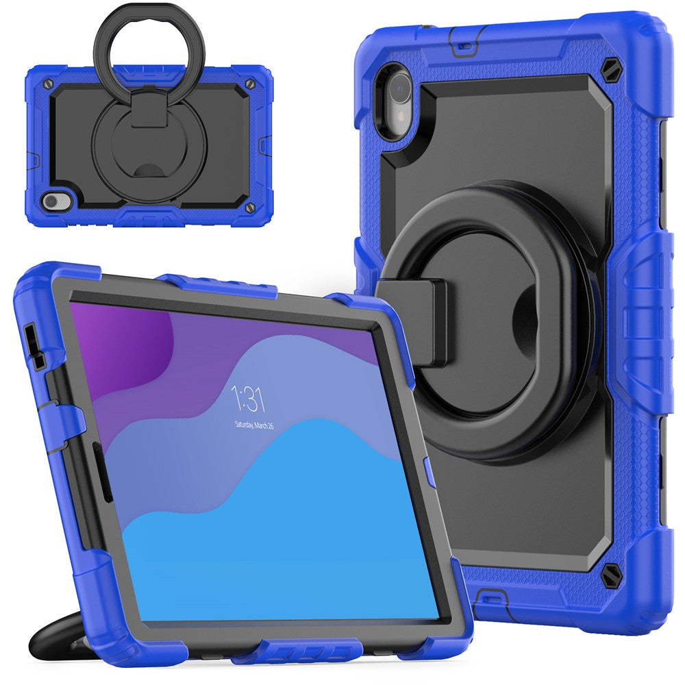 For Lenovo Tab M10 HD Gen 2 TB-306X(F) 10.1 inch Tablet Case 360-Degree Rotating Kickstand PC + Silicone Protective Cover with Shoulder Strap - Dark Blue