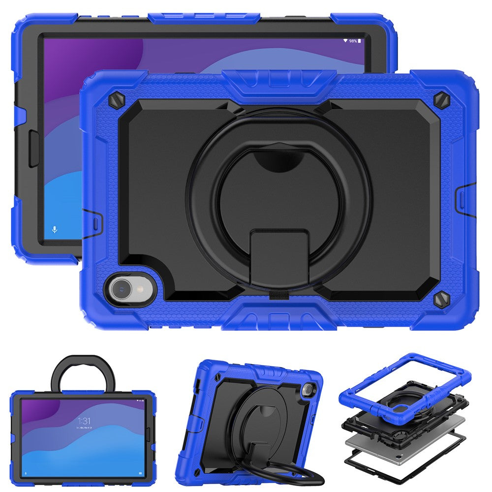For Lenovo Tab M10 HD Gen 2 TB-306X(F) 10.1 inch Tablet Case 360-Degree Rotating Kickstand PC + Silicone Protective Cover with Shoulder Strap - Dark Blue