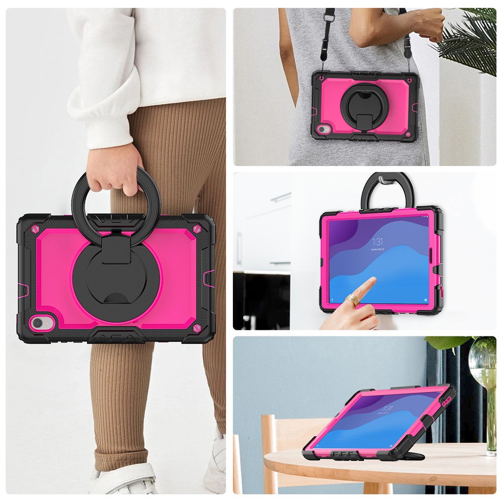 For Lenovo Tab M10 HD Gen 2 TB-306X(F) 10.1 inch Tablet Case 360-Degree Rotating Kickstand PC + Silicone Protective Cover with Shoulder Strap - Black / Rose PC