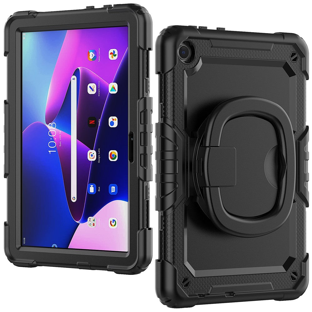 For Lenovo Tab M10 (Gen 3) TB-328FU / TB-328XU PC + Silicone Tablet Cover 360-Degree Rotating Kickstand Anti-drop Case with Shoulder Strap - Black