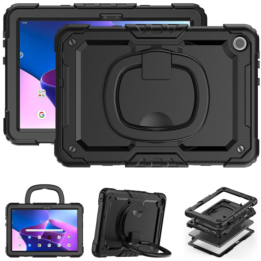 For Lenovo Tab M10 (Gen 3) TB-328FU / TB-328XU PC + Silicone Tablet Cover 360-Degree Rotating Kickstand Anti-drop Case with Shoulder Strap - Black