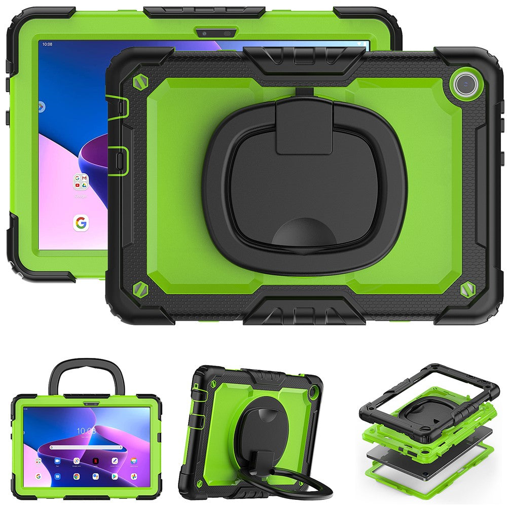 For Lenovo Tab M10 (Gen 3) TB-328FU / TB-328XU PC + Silicone Tablet Cover 360-Degree Rotating Kickstand Anti-drop Case with Shoulder Strap - Black / Lime PC