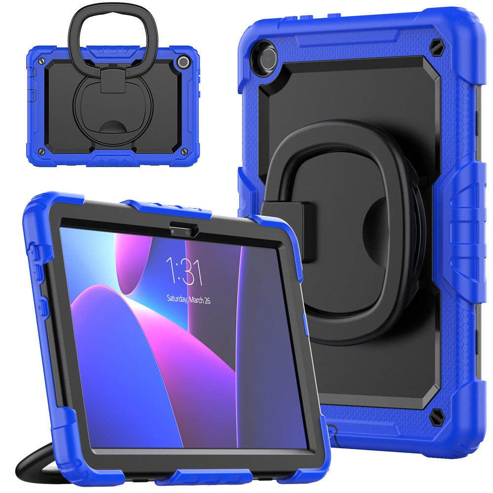 For Lenovo Tab M10 (Gen 3) TB-328FU / TB-328XU PC + Silicone Tablet Cover 360-Degree Rotating Kickstand Anti-drop Case with Shoulder Strap - Dark Blue