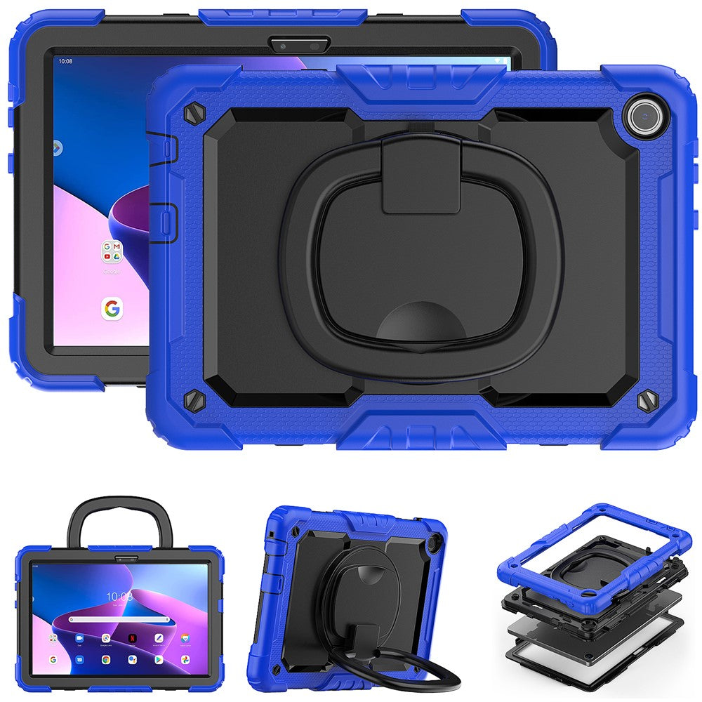 For Lenovo Tab M10 (Gen 3) TB-328FU / TB-328XU PC + Silicone Tablet Cover 360-Degree Rotating Kickstand Anti-drop Case with Shoulder Strap - Dark Blue