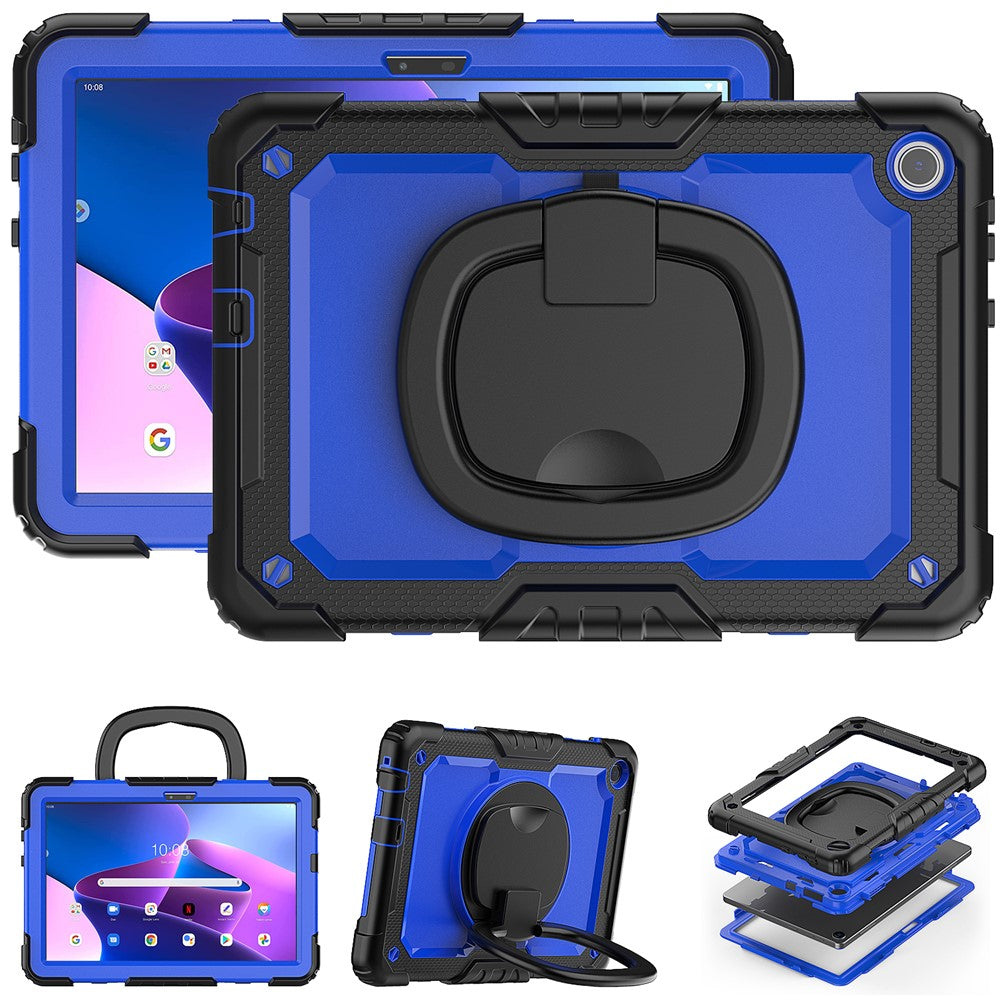 For Lenovo Tab M10 (Gen 3) TB-328FU / TB-328XU PC + Silicone Tablet Cover 360-Degree Rotating Kickstand Anti-drop Case with Shoulder Strap - Black / Dark Blue PC