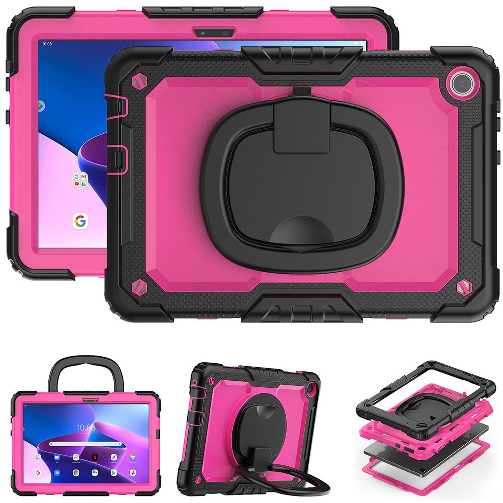For Lenovo Tab M10 (Gen 3) TB-328FU / TB-328XU PC + Silicone Tablet Cover 360-Degree Rotating Kickstand Anti-drop Case with Shoulder Strap - Black / Rose PC