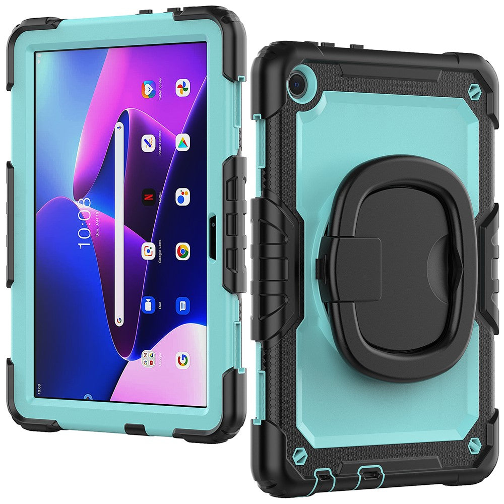For Lenovo Tab M10 (Gen 3) TB-328FU / TB-328XU PC + Silicone Tablet Cover 360-Degree Rotating Kickstand Anti-drop Case with Shoulder Strap - Black / Baby Blue PC