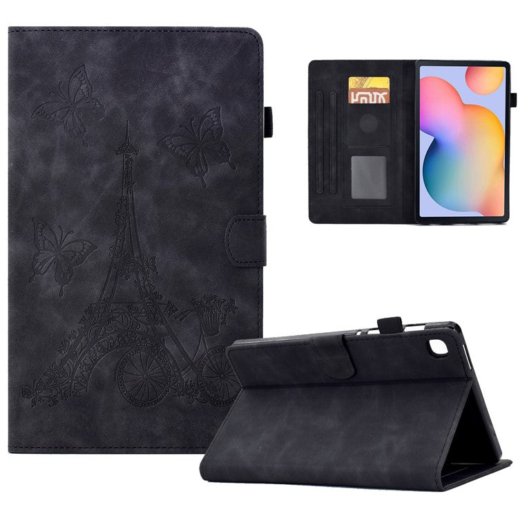 For Samsung Galaxy Tab S6 Lite (2024) / S6 Lite (2022) / S6 Lite (2020) P610 Leather Tablet Cover Tower Bike Butterfly Pattern Stand - Black