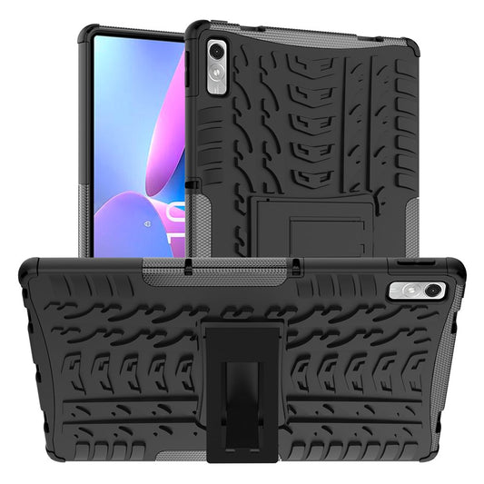 For Lenovo Tab P11 Gen 2 Anti-drop Tablet Case Tire Texture Kickstand Soft TPU Hard PC Protective Tablet Cover - Black