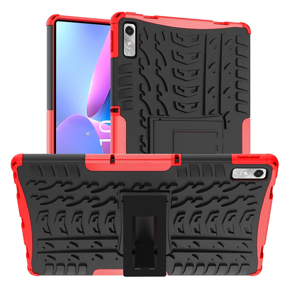 For Lenovo Tab P11 Gen 2 Anti-drop Tablet Case Tire Texture Kickstand Soft TPU Hard PC Protective Tablet Cover - Red