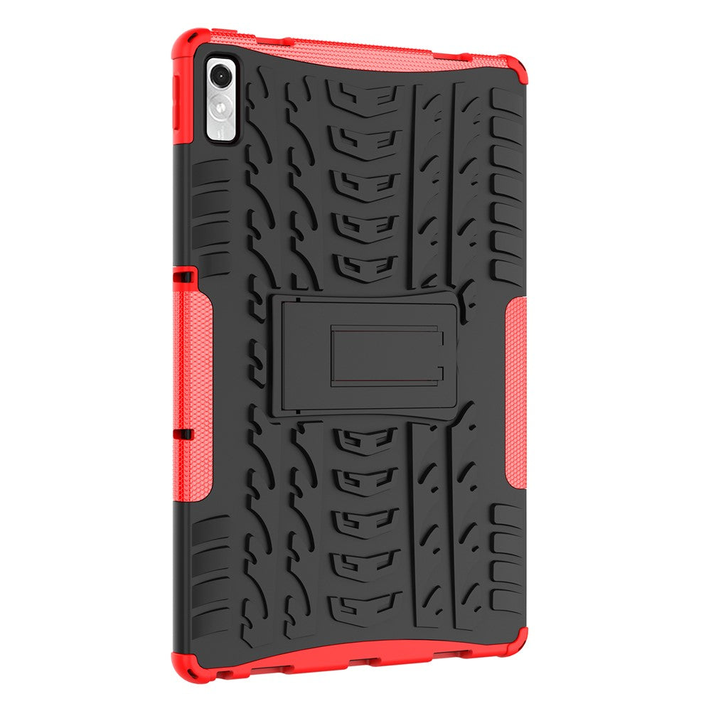 For Lenovo Tab P11 Gen 2 Anti-drop Tablet Case Tire Texture Kickstand Soft TPU Hard PC Protective Tablet Cover - Red