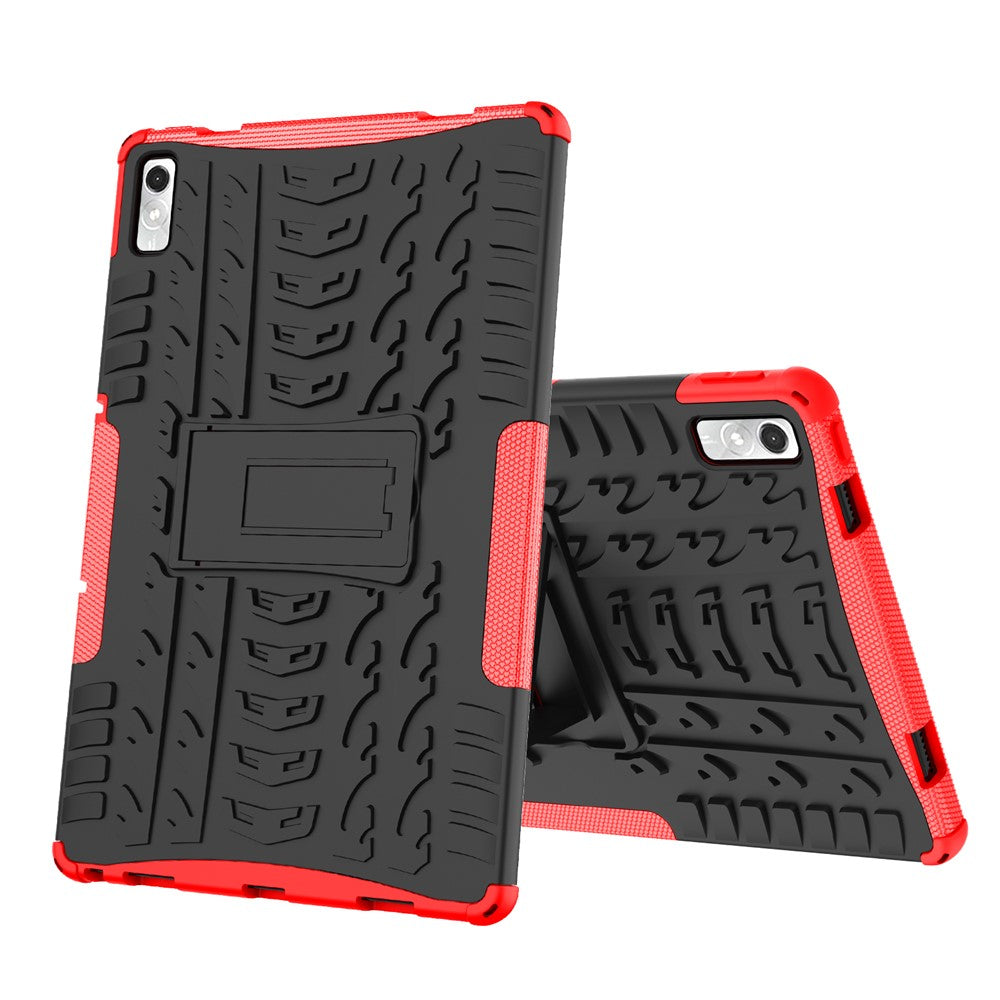 For Lenovo Tab P11 Gen 2 Anti-drop Tablet Case Tire Texture Kickstand Soft TPU Hard PC Protective Tablet Cover - Red