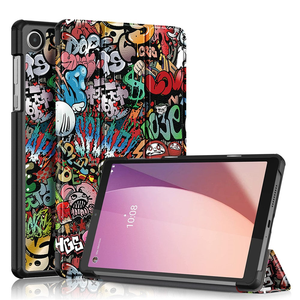 For Lenovo Tab M8 (4th Gen) 2024 TB-301XU / M8 (4th Gen) 2023 TB-300FU Tri-Fold Stand Tablet PU Leather Cover - Graffiti
