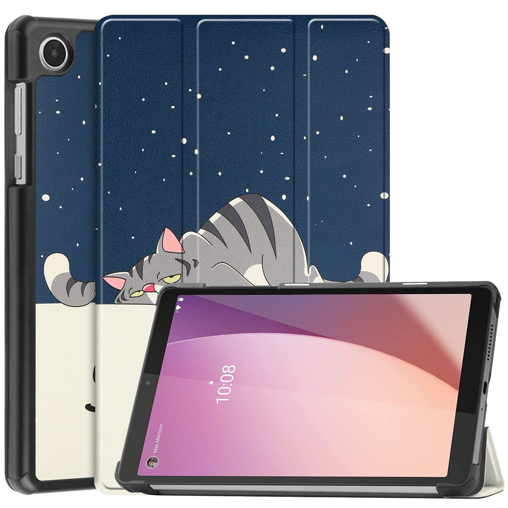 Tri-Fold Stand for Lenovo Tab M8 (4th Gen) 2024 TB-301XU / M8 (4th Gen) 2023 TB-300FU Pattern Printing PU Leather Tablet Cover - Cat