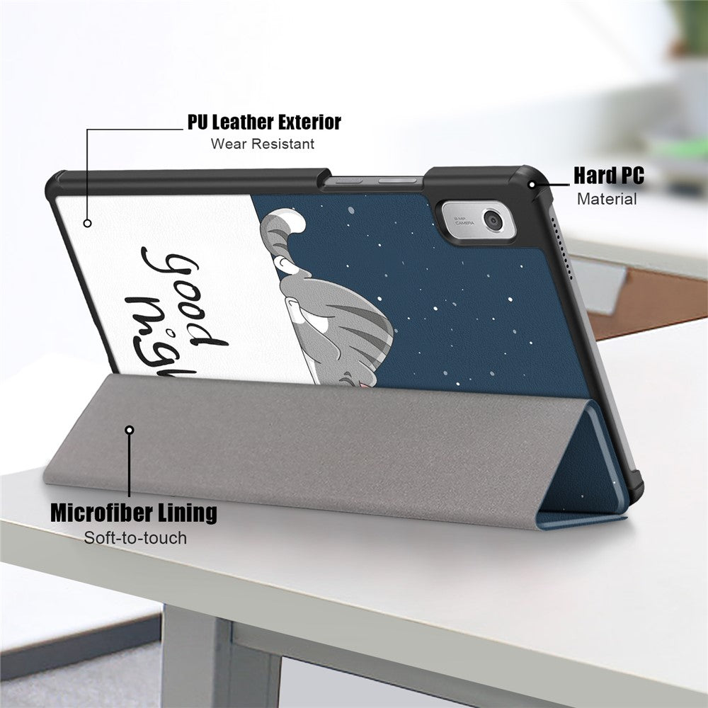 Tablet Leather Case for Lenovo Tab M9 TB-310FU , Tri-fold Stand Pattern Printing Tablet Cover with Auto Wake / Sleep - Cat