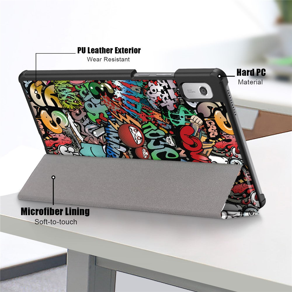 Tablet Leather Case for Lenovo Tab M9 TB-310FU , Tri-fold Stand Pattern Printing Tablet Cover with Auto Wake / Sleep - Graffiti