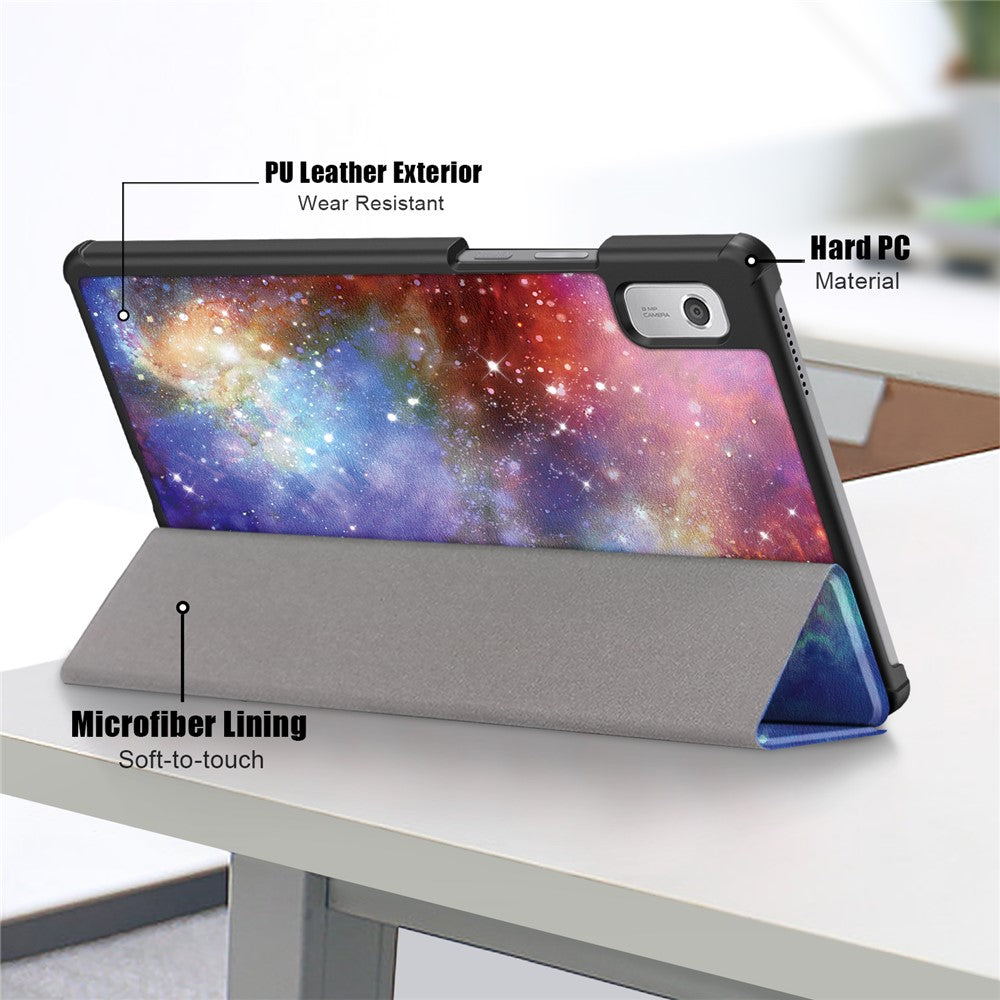 Tablet Leather Case for Lenovo Tab M9 TB-310FU , Tri-fold Stand Pattern Printing Tablet Cover with Auto Wake / Sleep - Galaxy