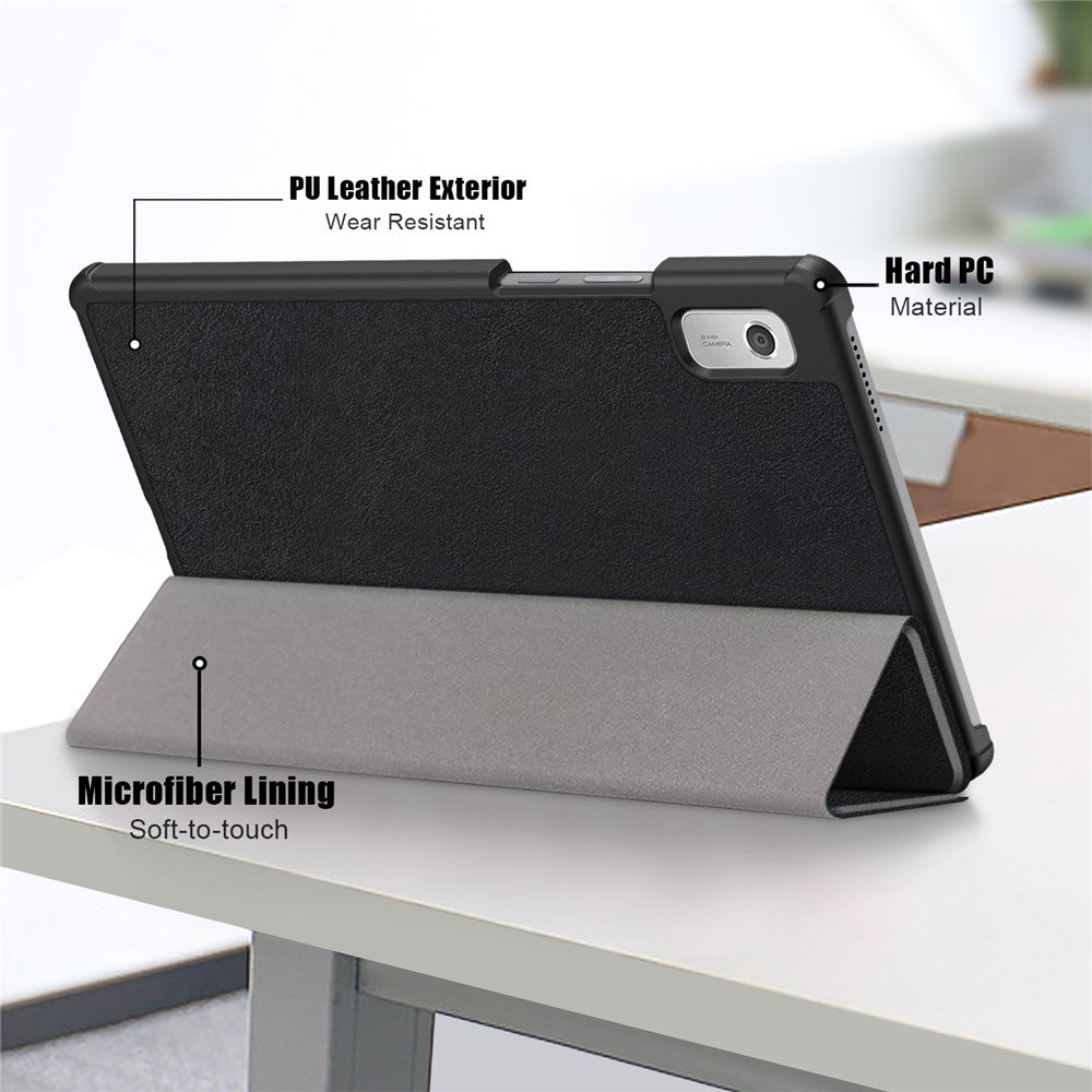 Tri-fold Stand Tablet Case for Lenovo Tab M9 TB-310FU , Auto Wake / Sleep PU Leather Tablet Cover - Black