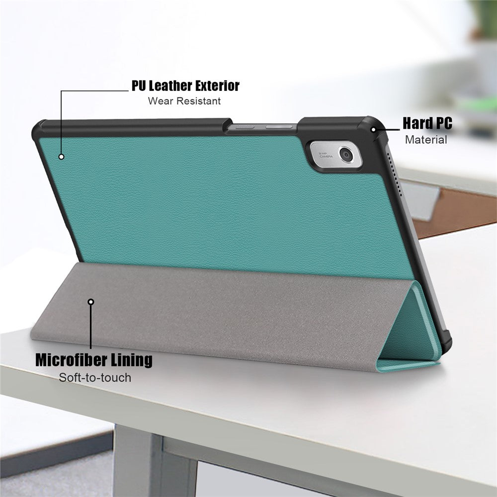 Tri-fold Stand Tablet Case for Lenovo Tab M9 TB-310FU , Auto Wake / Sleep PU Leather Tablet Cover - Blackish Green