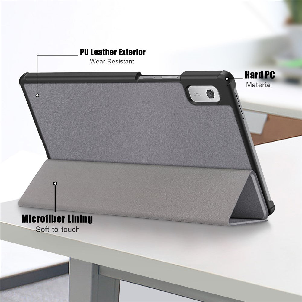 Tri-fold Stand Tablet Case for Lenovo Tab M9 TB-310FU , Auto Wake / Sleep PU Leather Tablet Cover - Grey