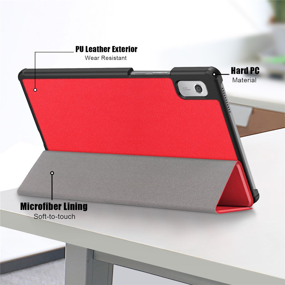 Tri-fold Stand Tablet Case for Lenovo Tab M9 TB-310FU , Auto Wake / Sleep PU Leather Tablet Cover - Red