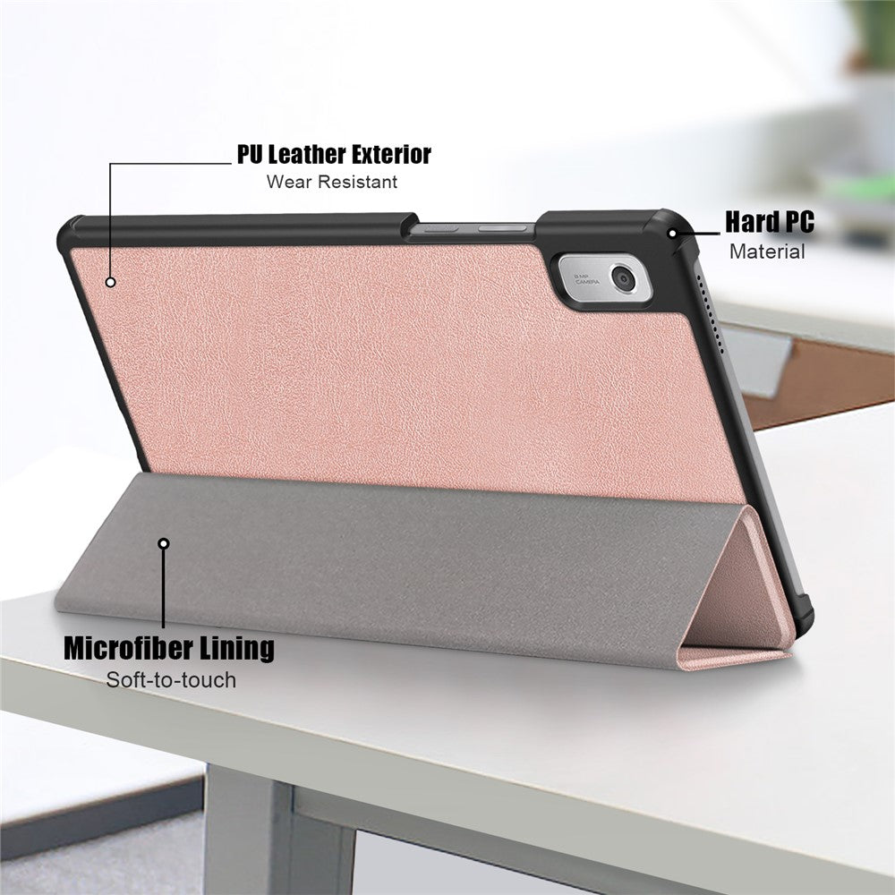 Tri-fold Stand Tablet Case for Lenovo Tab M9 TB-310FU , Auto Wake / Sleep PU Leather Tablet Cover - Rose Gold