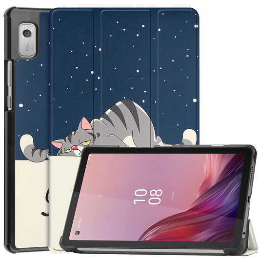 Tri-fold Stand Tablet Case for Lenovo Tab M9 Pattern Printing PU Leather + PC Protective Cover - Cat
