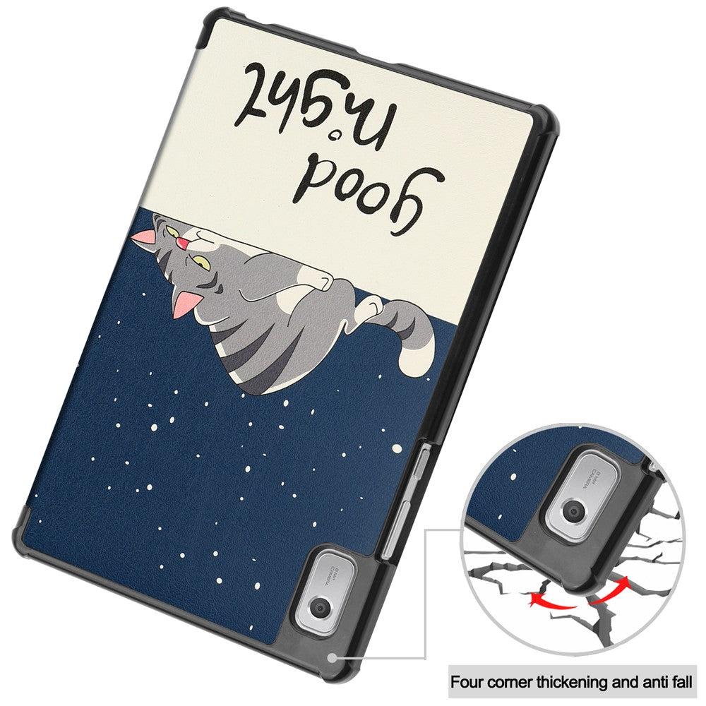 Tri-fold Stand Tablet Case for Lenovo Tab M9 Pattern Printing PU Leather + PC Protective Cover - Cat