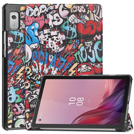 Tri-fold Stand Tablet Case for Lenovo Tab M9 Pattern Printing PU Leather + PC Protective Cover - Graffiti