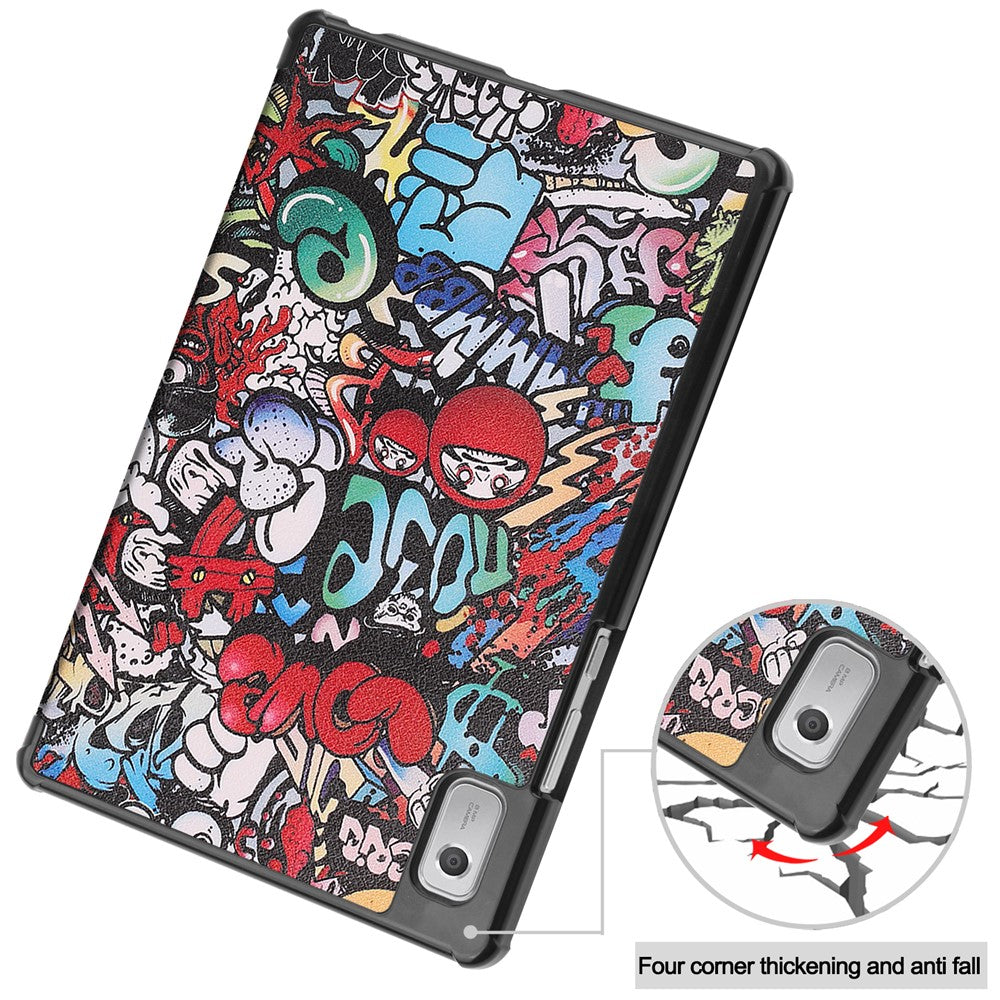 Tri-fold Stand Tablet Case for Lenovo Tab M9 Pattern Printing PU Leather + PC Protective Cover - Graffiti